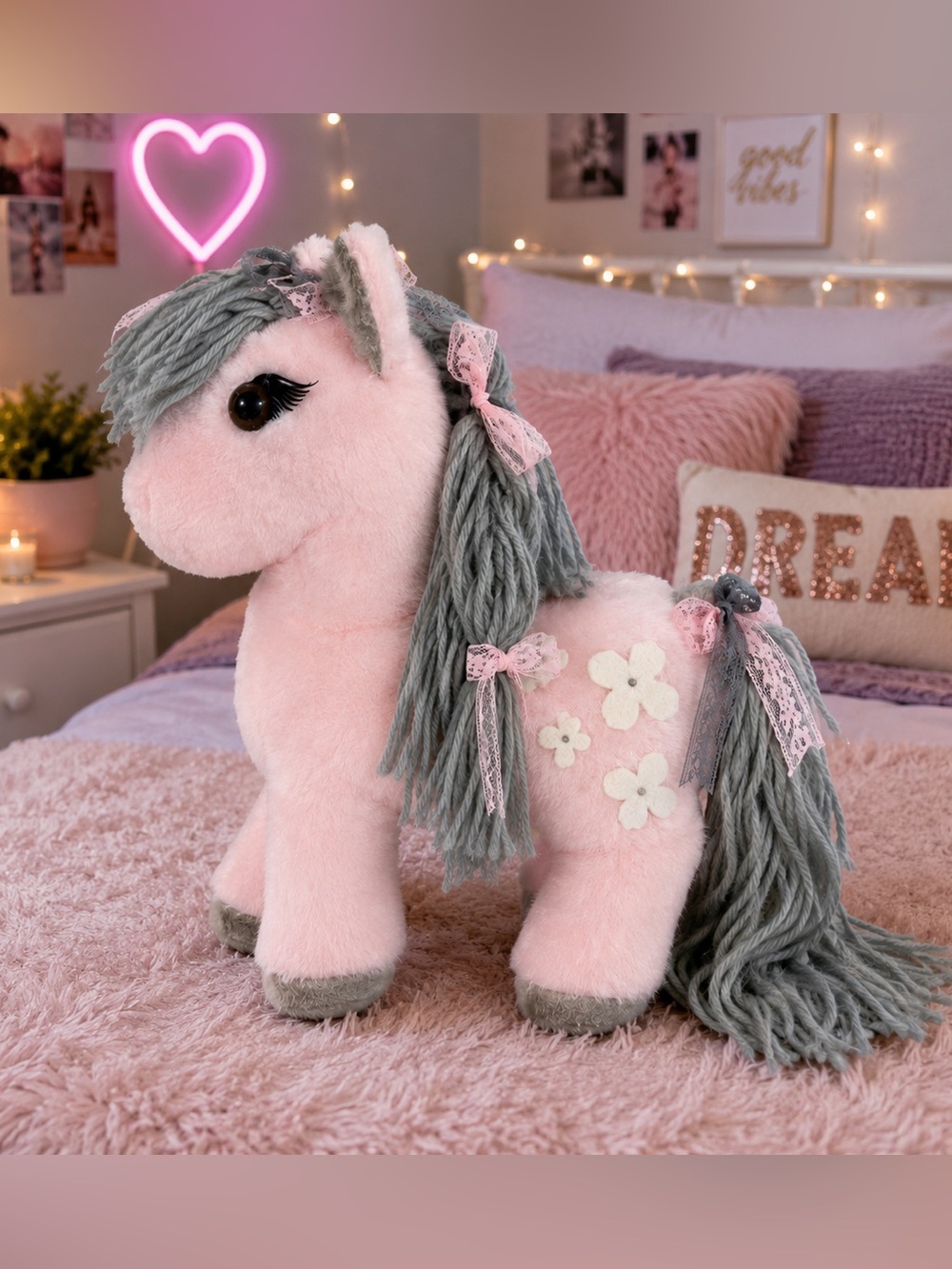 Vtg Pink Pony Horse Plush Stuffed Animal Gray Yarn Mane Flowers 15” Unbranded